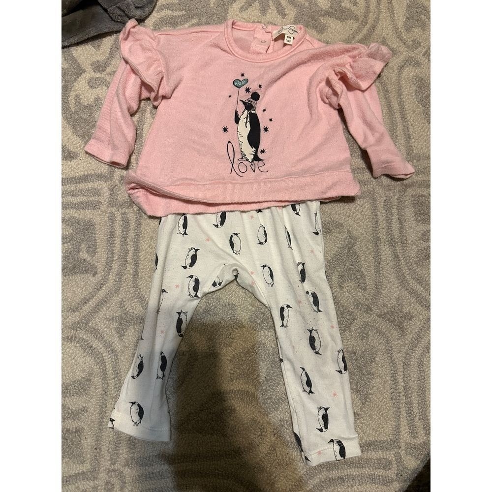 Jessica Simpson Baby Girls Pink Penguin Ruffle Top and Leggings Set 6/9M